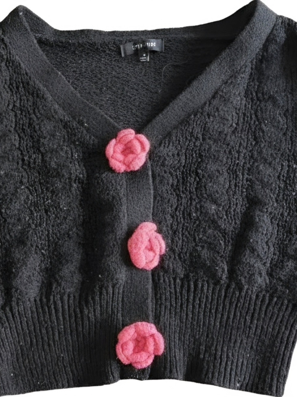 Love Tree Black Cropped Cardigan with Pink Rose Buttons